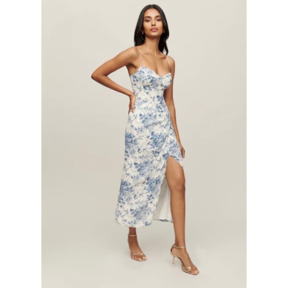 NEW Reformation Kourtney Midi Dress Blue Floral Pompadour 4